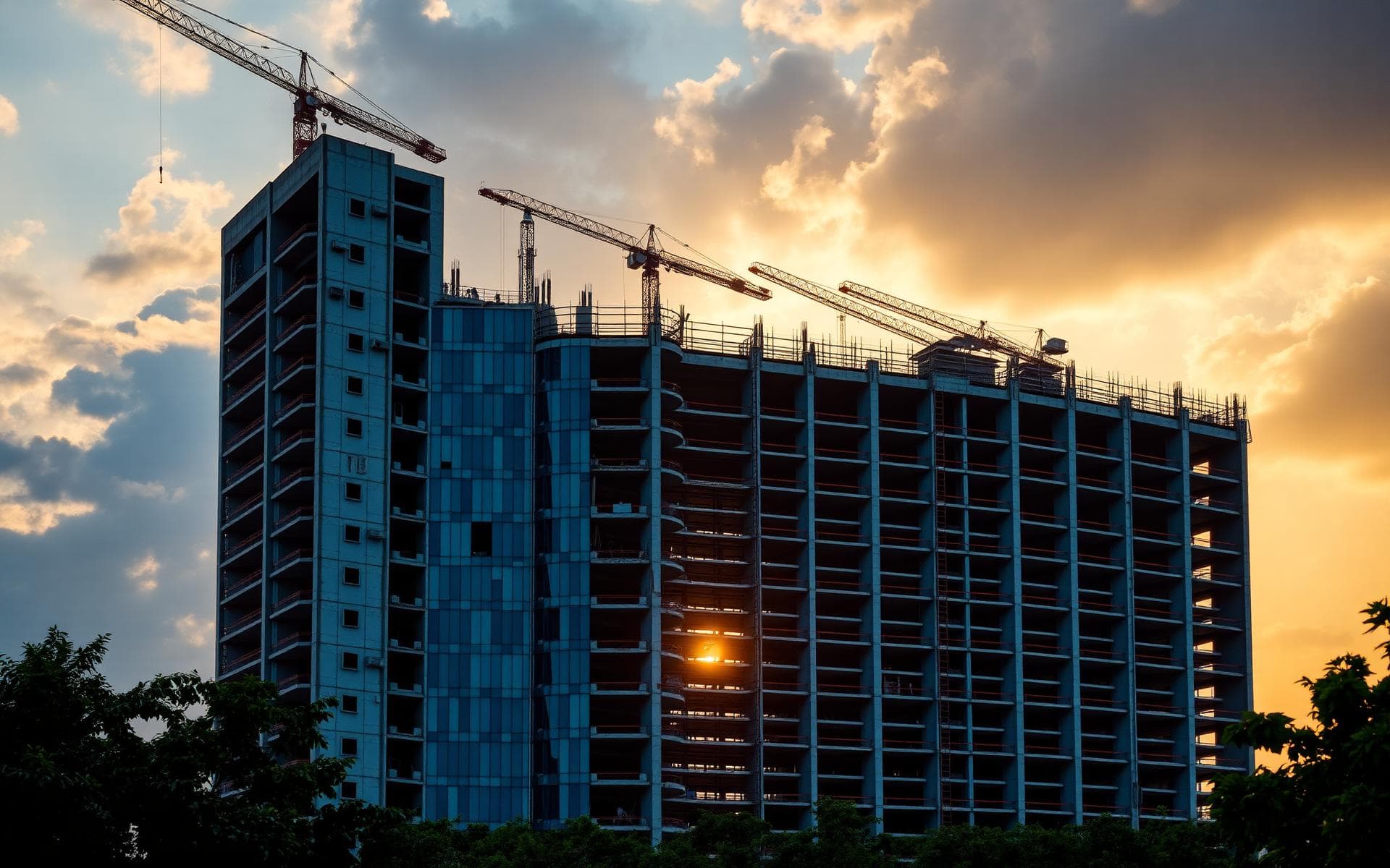 Modern construction site at golden hour